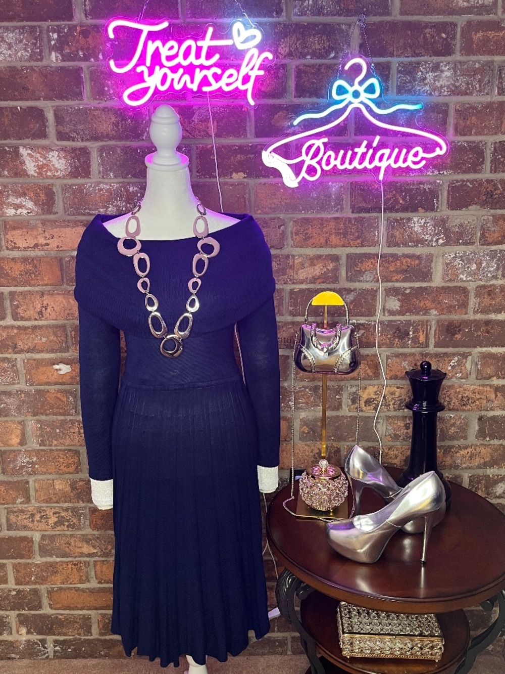 Pleated, Cow-Neck, Knit Dress